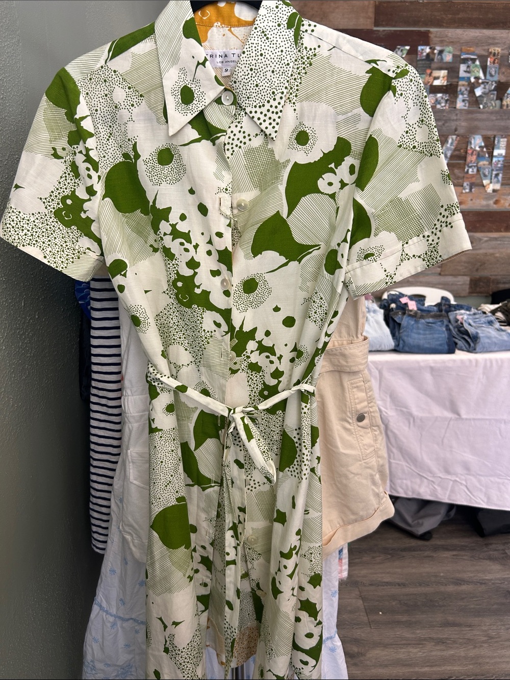 Trina Turk White and Green Floral Button-Front Shirt Dress Cotton Silk